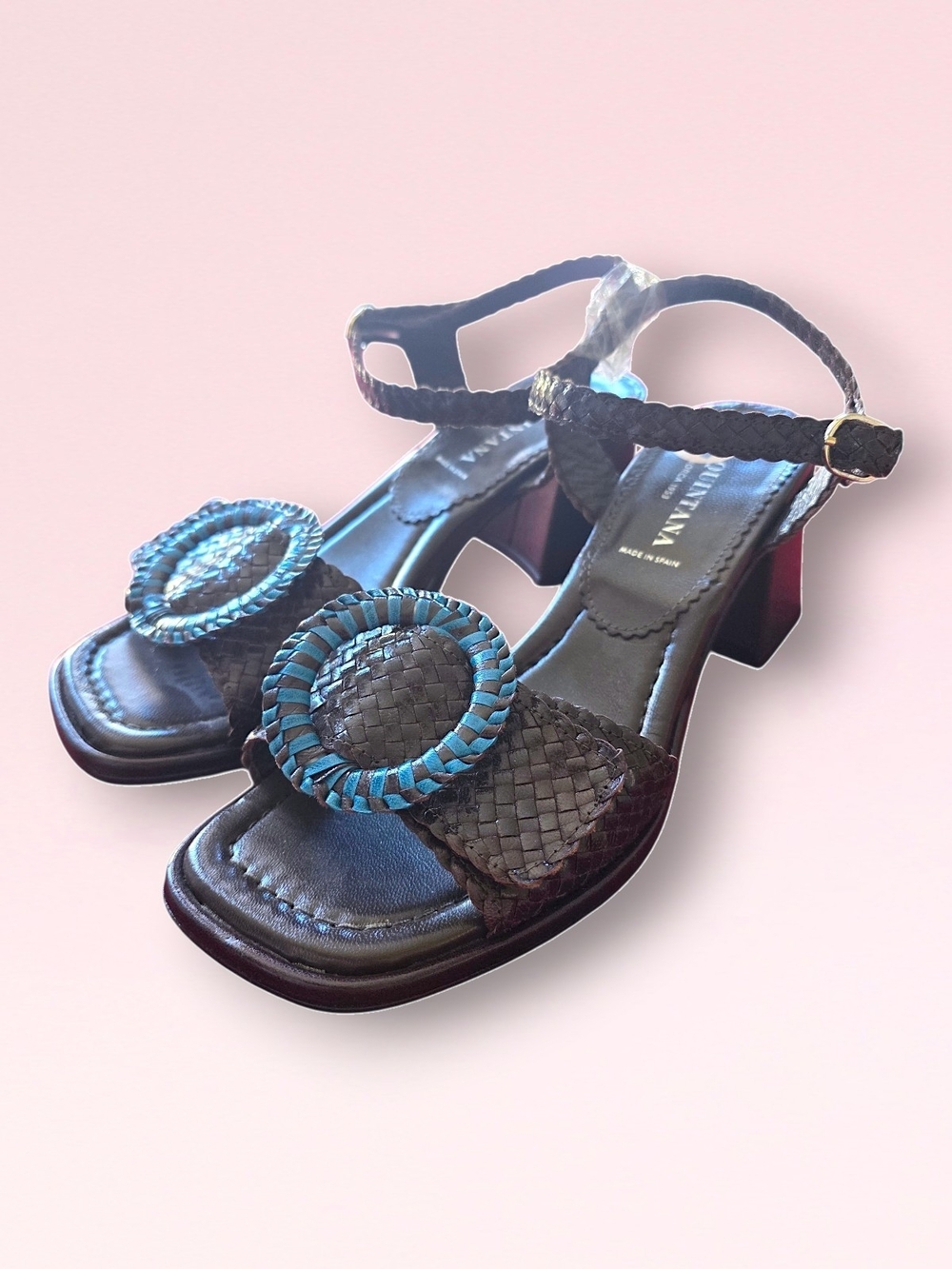 Pons Quintana Brown Woven Leather Block Heel Sandals with Turquoise Accent Sz 11